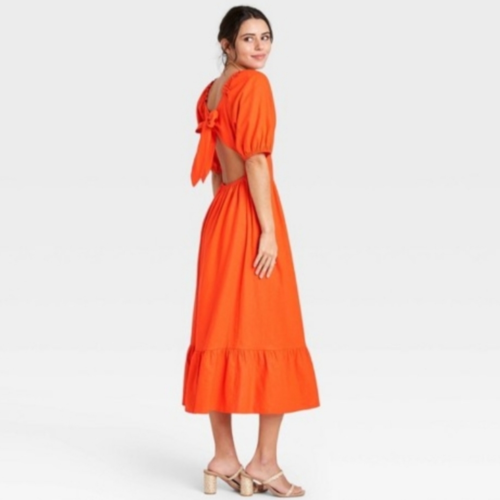 #BB New Puff Elbow Sleeve Open Back Orange Dress